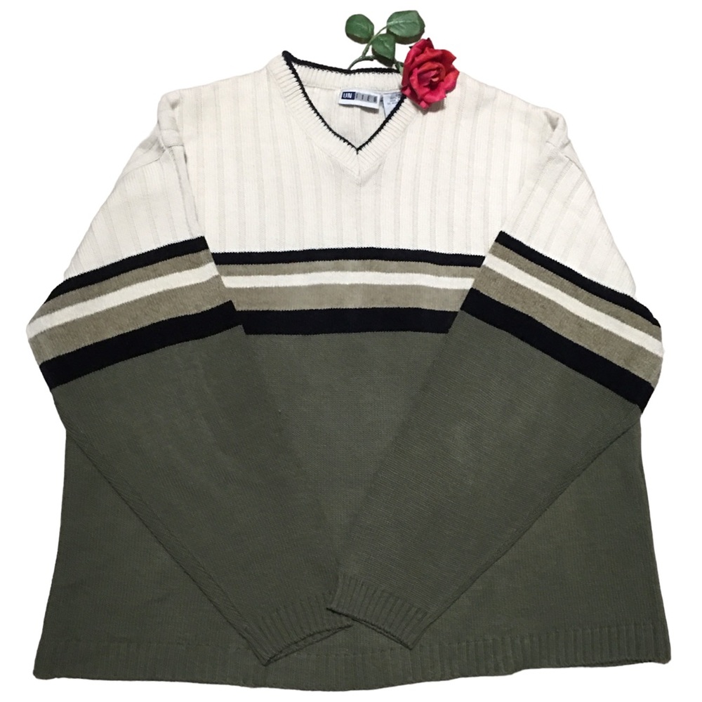 Vtg Untied sweater striped color block Vneck pullover cream green black …
